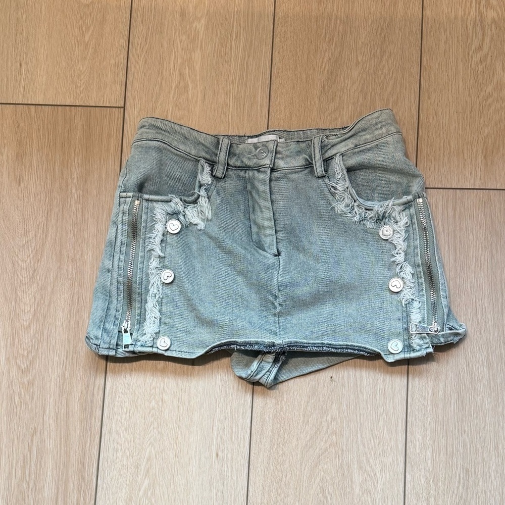 Denim Distressed Mini Skort with Heart Button Details - Size S